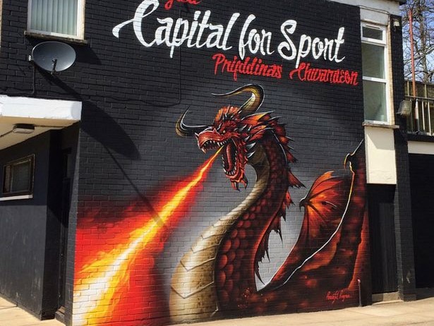 Dragon mural wall at the southern end of the rugby pavilion